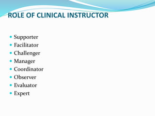 ROLE OF CLINICAL INSTRUCTOR
 Supporter
 Facilitator
 Challenger
 Manager
 Coordinator
 Observer
 Evaluator
 Expert
 