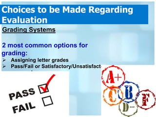 Choices to be Made Regarding
Evaluation
Grading Systems

2 most common options for
grading:
 Assigning letter grades
 Pass/Fail or Satisfactory/Unsatisfactory
  approach
 