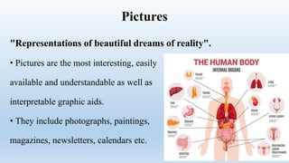 Pictures
"Representations of beautiful dreams of reality".
• Pictures are the most interesting, easily
available and understandable as well as
interpretable graphic aids.
• They include photographs, paintings,
magazines, newsletters, calendars etc.
 