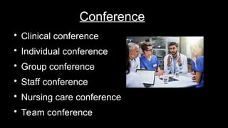 Conference

Clinical conference

Individual conference

Group conference

Staff conference

Nursing care conference

Team conference
 