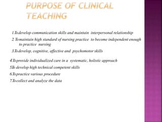 4.Toprovide individualized care in a systematic, holistic approach
5.To develop high technical competent skills
6.Topractice various procedure
7.Tocollect and analyze the data
1.Todevelop communication skills and maintain interpersonal relationship
2.Tomaintain high standard of nursing practice to become independent enough
to practice nursing
3.Todevelop, cognitive, affective and psychomotor skills
 