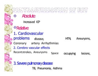 Absolute
Increased ICP
Relative
1. Cardiovascular
problems
Coronary artery Arrhythmias
disease, HTN, Aneurysms,
2. Cerebro vascular effects
Recentstrokes, Aneurysms Space occupying lesions,
3.Severepulmonarydisease
TB, Pneumonia, Asthma
 