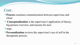 15
Cont..
 Process examines communication between supervisee and
client
 Conceptualization is the supervisee’s application of theory,
big picture overview, and reasons for next
 steps
 Personalization reviews the supervisee’s use of self in the
therapeutic process.
 