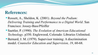 32
References:
 Rossett, A., Sheldon, K. (2001). Beyond the Podium:
Delivering Training and Performance to a Digital World. San
Francisco: Jossey-Bass/Pfeiffer
 Saettler, P. (1990). The Evolution of American Educational
Technology. p350. Englewood, Colorado: Libraries Unlimited.
 Bernard, J. M. (1979). Supervisor training: A discrimination
model. Counselor Education and Supervision, 19, 60-68.
 