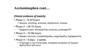 Acetaminophen cont…
Clinical evidence of toxicity
• Phase 1 – 0-24 hours
• Nausea, vomiting, anorexia, diaphoresis, malaise
• Phase 2 – 24-72 hours
• Epigastric pain, elevated liver enzymes, prolonged PT
• Phase 3 – 72-96 hours
• Hepatic necrosis, encephalopathy, coagulopathy, hypoglycemia
• Phase 4 – 4 days - 2 weeks
• If damage is not irreversible, complete resolution of hepatic
dysfunction will occur
 