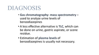 DIAGNOSIS
• Gas chromatography- mass spectrometry –
used to analyze urine levels of
benzodiazepines
• A less effective alternative is TLC, which can
be done on urine, gastric aspirate, or scene
residue.
• Estimation of plasma levels of
benzodiazepines is usually not necessary.
 