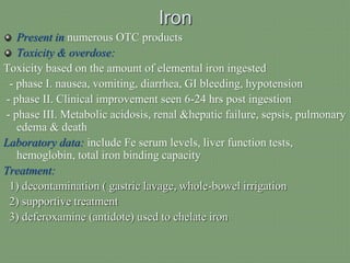 Iron
Present in numerous OTC products
Toxicity & overdose:
Toxicity based on the amount of elemental iron ingested
- phase I. nausea, vomiting, diarrhea, GI bleeding, hypotension
- phase II. Clinical improvement seen 6-24 hrs post ingestion
- phase III. Metabolic acidosis, renal &hepatic failure, sepsis, pulmonary
edema & death
Laboratory data: include Fe serum levels, liver function tests,
hemoglobin, total iron binding capacity
Treatment:
1) decontamination ( gastric lavage, whole-bowel irrigation
2) supportive treatment
3) deferoxamine (antidote) used to chelate iron
 