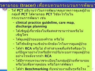 • ให้ PCT อธิบายว่าในการพัฒนาคุณภาพการดูแลผู้ป่วย
กลุ่มที่ PCT ได้ตามรอย PCT ใช้อะไรในใน
กระบวนการพัฒนา เช่น
– clinical practice guideline, care map,
discharge planning
– ได้เชิญผู้เกี่ยวข้องในทีมสหสาขามาร่วมหรือไม่
เชิญใคร
– ได้ดูแลผู้ป่วยแบบองค์รวม หรือไม่
– ได้ใช้หลักฐานเชิงประจักษ์อะไรในการดูแลผู้ป่วย
– ได้ทำา RCA หรือไม่ ถ้าทำาสาเหตุที่แท้จริงคืออะไร
แก้ปัญหาอย่างไรหรือมีการปรับระบบการดูแลผู้ป่วย
อย่างไรหลังจากทำา RCA
– ได้มีการทบทวนเวชระเบียนในกลุ่มผู้ป่วยที่ตามรอย
หรือไม่เพื่อหาจุดอ่อน หรือโอกาสพัฒนา
– ได้ทำา Benchmarking กับหน่วยงานอื่นๆหรือโรง
24
วตามรอย (tracer) เพื่อทบทวนกระบวนการพัฒนา
 