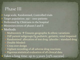  Large scale, Randomised, Controlled trials
 Target population: 250 – 1000 patients
 Performed by Clinicians in the hospital
 Minimises errors of phases I and II
 Methods
 Multicentric  Ensures geographic & ethnic variations
 Diff patient subgroups Eg pediatric, geriatric, renal impaired
 Randomised allocation of test drug /placebo / standard drug
 Double blinded:
 Cross over design
 Vigilant recording of all adverse drug reactions
 Rigorous statistical evaluation of all clinical data
 Takes a long time: up to 5 years [25% success]
 