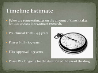  Below are some estimates on the amount of time it takes
for this process in treatment research.
 Pre-clinical Trials - 4.5 years
 Phases I-III - 8.5 years
 FDA Approval - 1.5 years
 Phase IV - Ongoing for the duration of the use of the drug
 