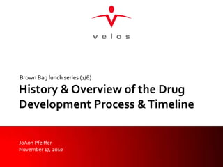 History & Overview of the Drug Development Process & Timeline,[object Object],Brown Bag lunch series (1/6),[object Object],JoAnn Pfeiffer,[object Object],November 17, 2010,[object Object]