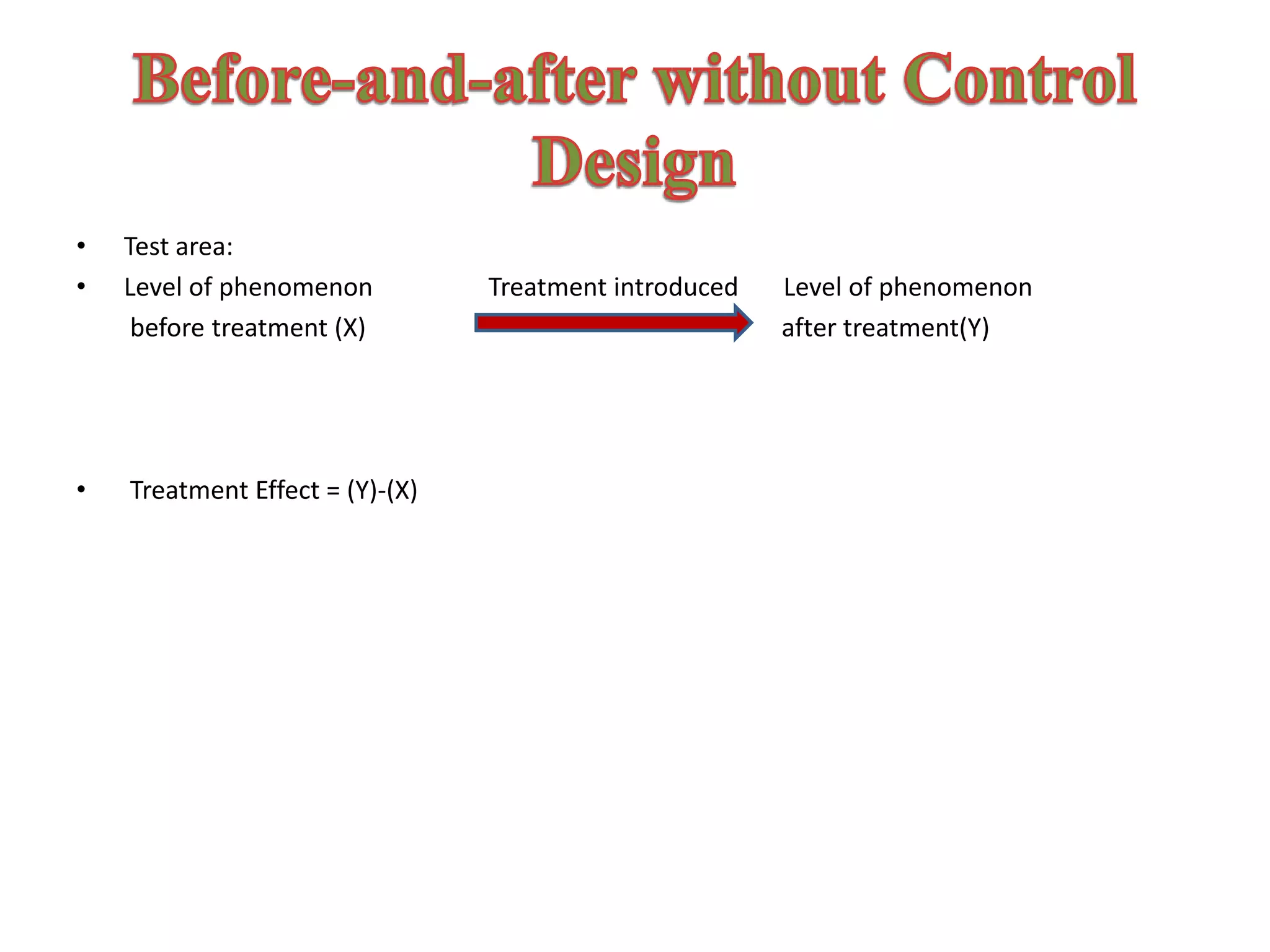 • Test area:
• Level of phenomenon Treatment introduced Level of phenomenon
before treatment (X) after treatment(Y)
• Treatment Effect = (Y)-(X)
 