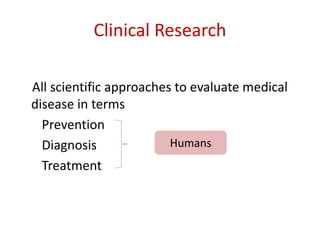 Clinical Research
All scientific approaches to evaluate medical
disease in terms
Prevention
Diagnosis
Treatment
Humans
 