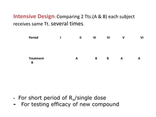 Intensive Design: Comparing 2 Tts.(A & B) each subject
receives same Tt. several times.
Period I II III IV V VI
Treatment A B B A A
B
- For short period of Rx/single dose
- For testing efficacy of new compound
 