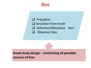 Bias
 Prejudice
 Deviation from truth
 Selection/Allocation bias
 Observer bias
Good study design - minimizing all possible
sources of bias
 