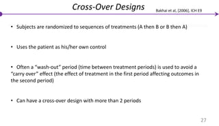 Cross-Over Designs
• Subjects are randomized to sequences of treatments (A then B or B then A)
• Uses the patient as his/her own control
• Often a “wash-out” period (time between treatment periods) is used to avoid a
“carry over” effect (the effect of treatment in the first period affecting outcomes in
the second period)
• Can have a cross-over design with more than 2 periods
27
Bakhai et al, [2006], ICH E9
 