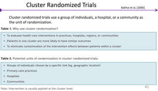 Cluster Randomized Trials
Cluster randomized trials use a group of individuals, a hospital, or a community as
the unit of randomization.
41
Bakhai et al, [2006]
 