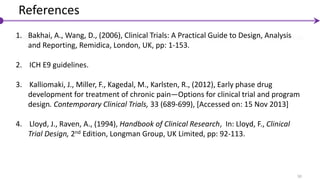 50
References
1. Bakhai, A., Wang, D., (2006), Clinical Trials: A Practical Guide to Design, Analysis
and Reporting, Remidica, London, UK, pp: 1-153.
2. ICH E9 guidelines.
3. Kalliomaki, J., Miller, F., Kagedal, M., Karlsten, R., (2012), Early phase drug
development for treatment of chronic pain—Options for clinical trial and program
design. Contemporary Clinical Trials, 33 (689-699), [Accessed on: 15 Nov 2013]
4. Lloyd, J., Raven, A., (1994), Handbook of Clinical Research, In: Lloyd, F., Clinical
Trial Design, 2nd Edition, Longman Group, UK Limited, pp: 92-113.
 