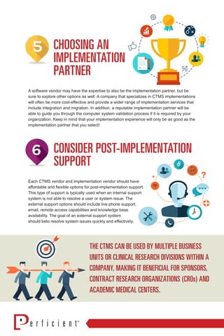 THE CTMS CAN BE USED BY MULTIPLE BUSINESS
UNITS OR CLINICAL RESEARCH DIVISIONS WITHIN A
COMPANY, MAKING IT BENEFICIAL FOR SPONSORS,
CONTRACT RESEARCH ORGANIZATIONS (CROs) AND
ACADEMIC MEDICAL CENTERS.
CHOOSING AN
IMPLEMENTATION
PARTNER
A software vendor may have the expertise to also be the implementation partner, but be
sure to explore other options as well. A company that specializes in CTMS implementations
will often be more cost-effective and provide a wider range of implementation services that
include integration and migration. In addition, a reputable implementation partner will be
able to guide you through the computer system validation process if it is required by your
organization. Keep in mind that your implementation experience will only be as good as the
implementation partner that you select!
CONSIDER POST-IMPLEMENTATION
SUPPORT
Each CTMS vendor and implementation vendor should have
affordable and flexible options for post-implementation support.
This type of support is typically used when an internal support
system is not able to resolve a user or system issue. The
external support options should include live phone support,
email, remote access capabilities and knowledge base
availability. The goal of an external support system
should beto resolve system issues quickly and effectively.
 