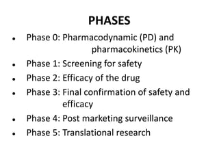 PHASES
 Phase 0: Pharmacodynamic (PD) and
pharmacokinetics (PK)
 Phase 1: Screening for safety
 Phase 2: Efficacy of the drug
 Phase 3: Final confirmation of safety and
efficacy
 Phase 4: Post marketing surveillance
 Phase 5: Translational research
 
