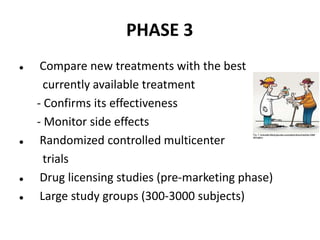 PHASE 3
 Compare new treatments with the best
currently available treatment
- Confirms its effectiveness
- Monitor side effects
 Randomized controlled multicenter
trials
 Drug licensing studies (pre-marketing phase)
 Large study groups (300-3000 subjects)
 