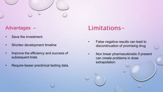Advantages –
• Save the investment
• Shorten development timeline
• Improve the efficiency and success of
subsequent trials
• Require lesser preclinical testing data.
Limitations-
• False negative results can lead to
discontinuation of promising drug
• Non linear pharmacokinetic if present
can create problems in dose
extrapolation
 