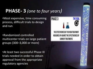 PHASE- 3 (one to four years)
•Most expensive, time consuming
process, difficult trials to design
and run
•Randomized controlled
multicenter trials on large patient
groups (300–3,000 or more)
•At least two successful Phase III
trials needed in order to obtain
approval from the appropriate
regulatory agencies
 