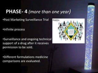PHASE- 4 (more than one year)
•Post Marketing Surveillance Trial
•Infinite process
•Surveillance and ongoing technical
support of a drug after it receives
permission to be sold.
•Different formulations medicine
comparisons are evaluated.
 