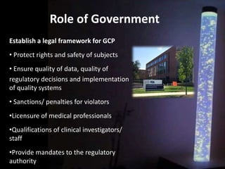 Role of Government
Establish a legal framework for GCP
• Protect rights and safety of subjects
• Ensure quality of data, quality of
regulatory decisions and implementation
of quality systems
• Sanctions/ penalties for violators
•Licensure of medical professionals
•Qualifications of clinical investigators/
staff
•Provide mandates to the regulatory
authority
 