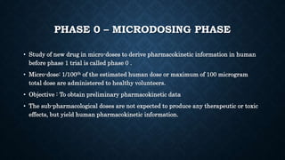 PHASE 0 – MICRODOSING PHASE
• Study of new drug in micro-doses to derive pharmacokinetic information in human
before phase 1 trial is called phase 0 .
• Micro-dose: 1/100th of the estimated human dose or maximum of 100 microgram
total dose are administered to healthy volunteers.
• Objective : To obtain preliminary pharmacokinetic data
• The sub-pharmacological doses are not expected to produce any therapeutic or toxic
effects, but yield human pharmacokinetic information.
 