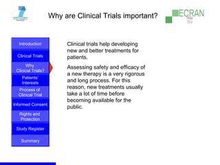 Introduction
Clinical Trials
Why
Clinical Trials?
Process of
Clinical Trial
Informed Consent
Patients‘
Interests
Rights and
Protection
Study Register
Summary
Why are Clinical Trials important?
Clinical trials help developing
new and better treatments for
patients.
Assessing safety and efficacy of
a new therapy is a very rigorous
and long process. For this
reason, new treatments usually
take a lot of time before
becoming available for the
public.
 