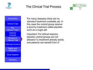 Introduction
Clinical Trials
Why
Clinical Trials?
Process of
Clinical Trial
Informed Consent
Patients‘
Interests
Rights and
Protection
Study Register
Summary
The Clinical Trial Process
For many diseases there are no
standard treatment available yet. In
this case the control group receive
a dummy treatment called placebo
such as a sugar pill.
Important: For ethical reasons,
placebo control groups are not
allowed if a treatment already exists
and patients can benefit from it!
 