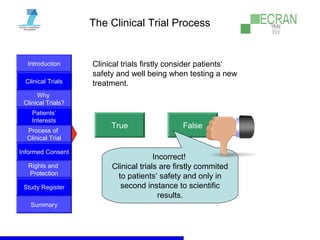Introduction
Clinical Trials
Why
Clinical Trials?
Process of
Clinical Trial
Informed Consent
Patients‘
Interests
Rights and
Protection
Study Register
Summary
The Clinical Trial Process
Clinical trials firstly consider patients‘
safety and well being when testing a new
treatment.
True False
Incorrect!
Clinical trials are firstly commited
to patients‘ safety and only in
second instance to scientific
results.
 
