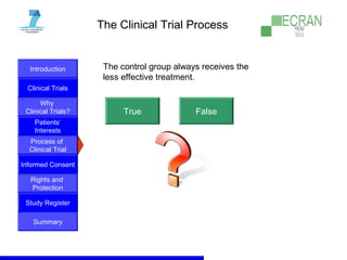 Introduction
Clinical Trials
Why
Clinical Trials?
Process of
Clinical Trial
Informed Consent
Patients‘
Interests
Rights and
Protection
Study Register
Summary
The Clinical Trial Process
The control group always receives the
less effective treatment.
True False
 