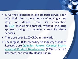 • CROs that specialize in clinical-trials services can
offer their clients the expertise of moving a new
drug or device from its conception
to FDA marketing approval, without the drug
sponsor having to maintain a staff for these
services
• There are over 1,100 CROs in the world
• The largest CROs, according to Industry Standard
Research, are Quintiles, Parexel, Covance, Pharm
aceutical Product Development (PPD), Icon, INC
Research, and inVentiv Health Clinical
28
 