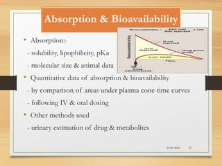 Absorption & Bioavailability
10-09-2020 33
• Absorption:-
- solubility, lipophilicity, pKa
- molecular size & animal data
• Quantitative data of absorption & bioavailability
- by comparison of areas under plasma conc-time curves
- following IV & oral dosing
• Other methods used
- urinary estimation of drug & metabolites
 