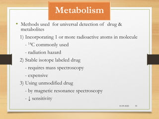 Metabolism
10-09-2020 35
• Methods used for universal detection of drug &
metabolites
1) Incorporating 1 or more radioactive atoms in molecule
- 14C commonly used
- radiation hazard
2) Stable isotope labeled drug
- requires mass spectroscopy
- expensive
3) Using unmodified drug
- by magnetic resonance spectroscopy
- ↓ sensitivity
 