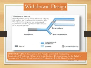Withdrawal Design
10-09-2020 91
DARWIN STUDY: A Prospective, d/b, Placebo Controlled, Multicenter,
Randomized/Withdrawal Efficacy and Safety Study of Dexloxiglumide for the Relief of
Symptoms in Patients With Constipation-Predominant Irritable Bowel Syndrome
 