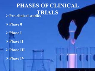 PHASES OF CLINICAL
TRIALS
Pre-clinical studies
Phase 0
Phase I
Phase II
Phase III
Phase IV
 
