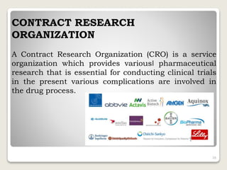 CONTRACT RESEARCH
ORGANIZATION
A Contract Research Organization (CRO) is a service
organization which provides various‖ pharmaceutical
research that is essential for conducting clinical trials
in the present various complications are involved in
the drug process.
26
 