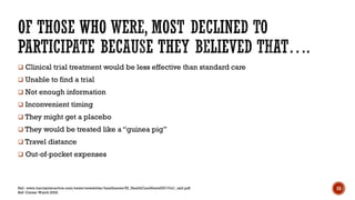  Clinical trial treatment would be less effective than standard care
 Unable to find a trial
 Not enough information
 Inconvenient timing
 They might get a placebo
 They would be treated like a “guinea pig”
 Travel distance
 Out‐of‐pocket expenses
Ref.: www.harrisinteractive.com/news/newsletter/healthnews/HI_HealthCareNews2001Vol1_iss3.pdf
Ref: Center Watch 2002
15
 