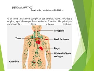 SISTEMA LINFÁTICO
Anatomia do sistema linfático
O sistema linfático é composto por células, vasos, tecidos e
órgãos, que d...