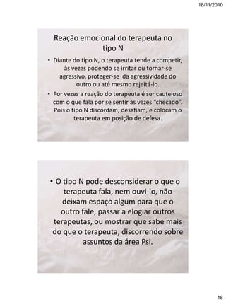 18/11/2010

Reação emocional do terapeuta no
tipo N
• Diante do tipo N, o terapeuta tende a competir,
às vezes podendo se irritar ou tornar-se
agressivo, proteger-se da agressividade do
outro ou até mesmo rejeitá-lo.
• Por vezes a reação do terapeuta é ser cauteloso
com o que fala por se sentir às vezes “checado”.
Pois o tipo N discordam, desafiam, e colocam o
terapeuta em posição de defesa.

• O tipo N pode desconsiderar o que o
terapeuta fala, nem ouvi-lo, não
deixam espaço algum para que o
outro fale, passar a elogiar outros
terapeutas, ou mostrar que sabe mais
do que o terapeuta, discorrendo sobre
assuntos da área Psi.

18

 