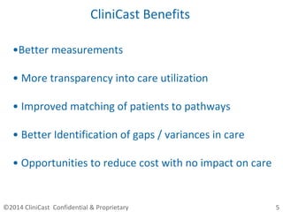 •Better measurements
• More transparency into care utilization
• Improved matching of patients to pathways
• Better Identification of gaps / variances in care
• Opportunities to reduce cost with no impact on care
CliniCast Benefits
©2014 CliniCast Confidential & Proprietary 5
 