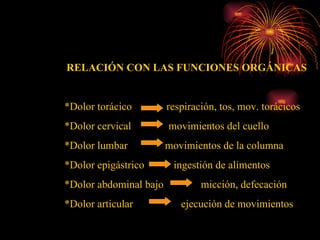 RELACIÓN CON LAS FUNCIONES ORGÁNICAS *Dolor torácico  respiración, tos, mov. torácicos *Dolor cervical  movimientos del cuello *Dolor lumbar  movimientos de la columna *Dolor epigástrico  ingestión de alimentos *Dolor abdominal bajo  micción, defecación *Dolor articular  ejecución de movimientos 