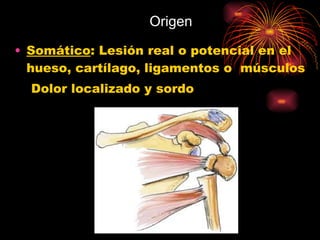 Origen Somático : Lesión real o potencial en el hueso, cartílago, ligamentos o  músculos Dolor localizado y sordo 