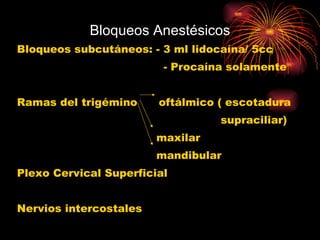Bloqueos Anestésicos Bloqueos subcutáneos: - 3 ml lidocaína/ 5cc - Procaína solamente Ramas del trigémino  oftálmico ( escotadura supraciliar) maxilar mandibular Plexo Cervical Superficial Nervios intercostales 