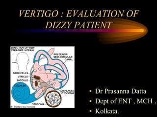VERTIGO : EVALUATION OF
DIZZY PATIENT
• Dr Prasanna Datta
• Dept of ENT , MCH .
• Kolkata.
 