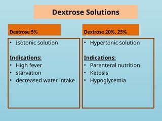 Dextrose Solutions
Dextrose 5%
• Isotonic solution
Indications:
• High fever
• starvation
• decreased water intake
Dextrose 20%, 25%
• Hypertonic solution
Indications:
• Parenteral nutrition
• Ketosis
• Hypoglycemia
 