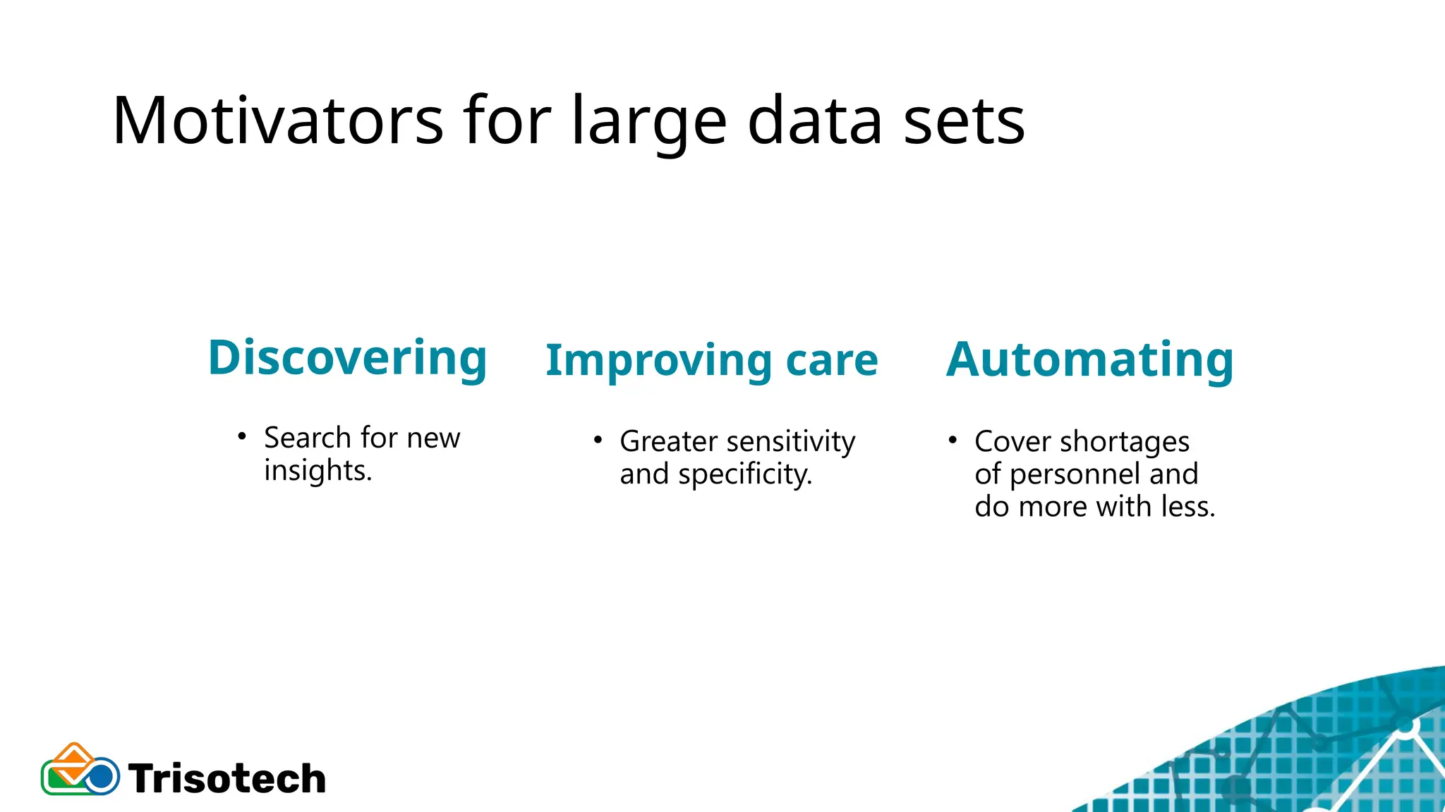 Motivators for large data sets
Discovering
• Search for new
insights.
Improving care
• Greater sensitivity
and specificity.
Automating
• Cover shortages
of personnel and
do more with less.
 